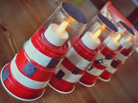 This Little Light Of Mine Craft, Solo Cup Crafts, Lighthouse Craft, Lighthouse Keepers Lunch, Vbs Shipwrecked, Shipwrecked Vbs, Diy Lighthouse, Lighthouse Crafts, Light Party