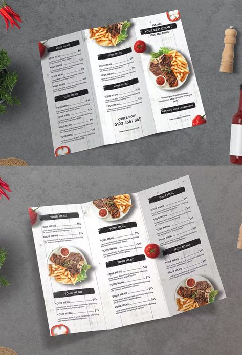 Restaurant Menu Trifold Brochure Template PSD Trifold Menu Design, Menu Trifold, Menu Project, Restaurant Brochures, Menu Sans Gluten, Menu Design Inspiration, Diner Menu, Cafe Menu Design, Medical Brochure