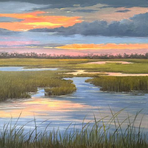 Low Country Paintings, Marsh Watercolor Paintings, Kitchen Painting Art, Marsh Landscape, Marsh Art, Paintings Wall Decor, Cloud Paintings, Beautiful Paintings Of Nature, Carolina Homes