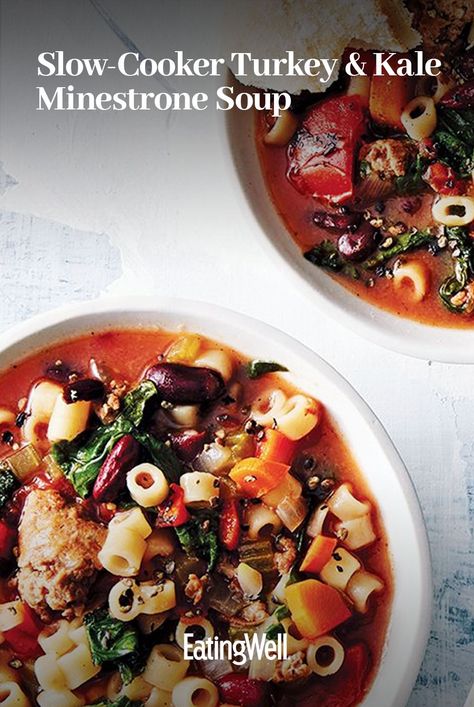 Adjust the heat level in the dish by choosing either hot or mild Italian sausage. You can add red pepper, too, to make it extra hot. Serve this slow-cooker minestrone with crusty bread, if desired. #healthyeating #healthyfoods #healthylifestyle #healthyrecipes#dinner#dinnerideas#supperideas#dinnerrecipes#healthydinnerideas#healthydinnerrecipes#soups#chili#stews#souprecipes#healthysoup#healthyrecipes#comfortfood Turkey Italian Sausage, Ditalini Pasta, Slow Cooker Turkey, Mild Italian Sausage, Minestrone Soup, Vegetarian Dinners, Minestrone, Crusty Bread, Delicious Dinner Recipes