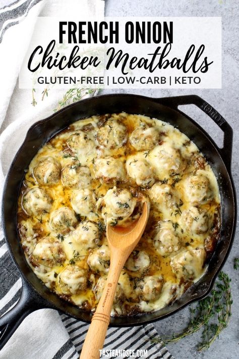 These French Onion Chicken Meatballs are flavorful, hearty, and crazy delicious! These meatballs are gluten free, low carb, keto friendly.... #TasteAndSee Low Carb Dinner Ground Chicken, Low Carb Meatball Recipes Crockpot, Keto Recipes With Meatballs Frozen, Keto Sauce For Meatballs, French Onion Meatball Skillet, Keto Recipes With Meatballs, Flavored Meatball Recipes, Keto Meatball Dinner Ideas, Keto Ground Turkey Meatballs