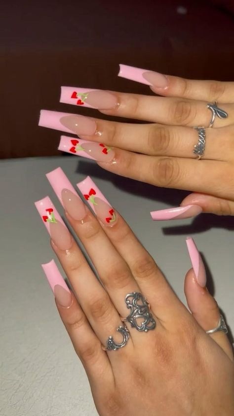 Valentine Nails Pink, Pink French Tip, Vday Nails, Baby Pink Nails, Pink Gel Nails, Long Acrylic Nail Designs, Cherry Nails, Pink Gel, French Tip Acrylic Nails