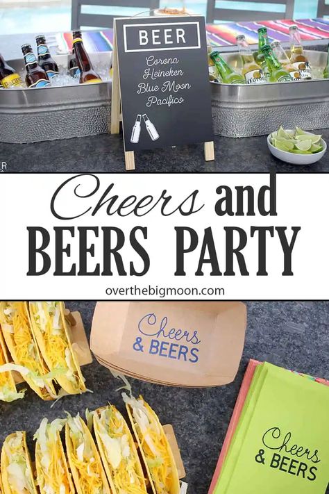 #ad Who doesn't love a classic Cheers and Beers Party?!? Come see how I put together this fun party by making menu signs and customizing other tableware for a classic Taco and Beer night! Plus, get fun ideas for different foods that pair well with Beer for your upcoming party! #BeersandCheers #TacoandBeer #BeerandTaco #TacoParty #BeerParty #CricutCreated #CricutMade #Cricut #EasyPress Cheers To Beers Party, Cheers And Beers 40th Birthday, 30th Birthday For Men Party, Beer Party Food Ideas, 50th Birthday Beer Theme, Cheers And Beers 50th Birthday Party, 30th Beer Birthday Party, Cheers And Beers Party Food, Beer Themed Birthday Party Food