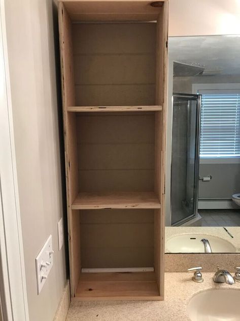 Diy Built In Bathroom Shelves, Cabinet In Between Bathroom Sinks, Adding Shelves To Bathroom Vanity, Bathroom Built In Cabinet Wall Storage, Bathroom Vanity Update, Built In Bathroom Vanity, Cookie Sheet Storage, Vanity Update, Craftsman Style Doors