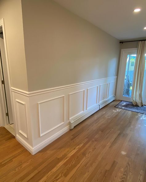 One of my favorite things…a blank wall! My client wanted to dress up a boring wall, so we decided that wainscoting would be perfect 🤩 What a difference one day worth of work makes! #diy #doityourself #diyprojects #doityourselfproject #accentwall #wainscoting Wainscoting Types, Wainscoting Color Schemes, Easy Wainscoting Diy, Wayne’s Coating Hallway, Wayne’s Coating Wood, Wayne’s Coating In Bathroom, Waynes Coating Ideas, Covered Fireplace, Wainscoting Office