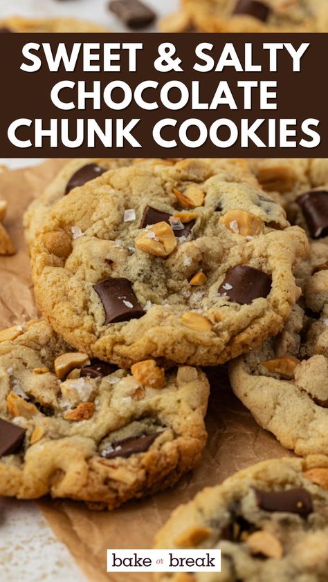 Craving a cookie that's not too sweet but perfectly indulgent? Try these Sweet and Salty Peanut Chocolate Chunk Cookies! Perfect for bakers looking for a simple recipe with spectacular results. Choco Chunk Cookies, Sweet And Salty Chocolate Chip Cookies, Peanut Butter Chocolate Chunk Cookies, Salty Chocolate Chip Cookies, Peanut Chocolate, Salty Cookies, Peanut Cookies, Chocolate Peanut Butter Cookies, Chewy Chocolate Chip