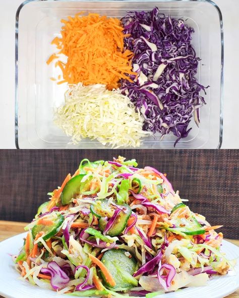 Unleash the Power of Cabbage: A Rainbow Veggie Salad for Weight Management and Beyond! (Cucumber Recipe Included) pen_spark Crispy Cabbage Salad With Dressing, Cucumber Cabbage Salad, Crunchy Cabbage Salad, Savory Potato Pancakes, Cucumber Carrot Salad, Low Carb Chicken Salad, Cabbage Recipes Healthy, Salad For Dinner, Healthy Peanut Butter Cookies