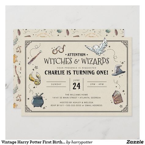 Vintage Harry Potter First Birthday Invitation Harry Potter First Birthday, Harry Potter Baby Shower Invitations, Harry Potter Party Invitations, Vintage Harry Potter, Harry Potter Birthday Invitations, Harry Potter Invitations, Harry Potter Theme Birthday, Birthday Postcard, Boys First Birthday Party Ideas