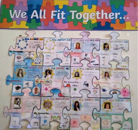 TeachersMag.com Puzzle Theme Bulletin Board, Puzzle Piece Bulletin Board Ideas, We All Fit Together Puzzle Template, Class Puzzle Pieces Bulletin Boards, School Welcome Bulletin Boards, Puzzle Bulletin Boards, Welcome Bulletin Boards, Christmas Tree Coloring Page, First Day Activities