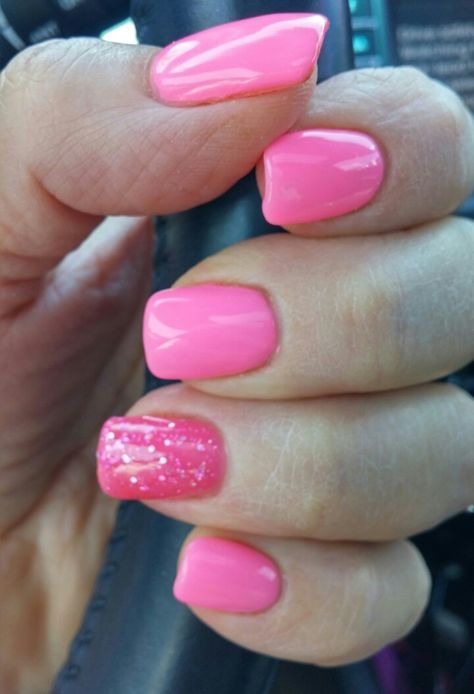 Hot Pink Fingernails, Bright Pink With Glitter Nails, Pretty Pink Gel Nails, Bright Pink Nails With Glitter Accent, Pink Dipped Nails, Bright Pink Nails With Glitter, Fun Pink Nails, Sparkle Accent Nail, Pink Nails With Glitter Accent