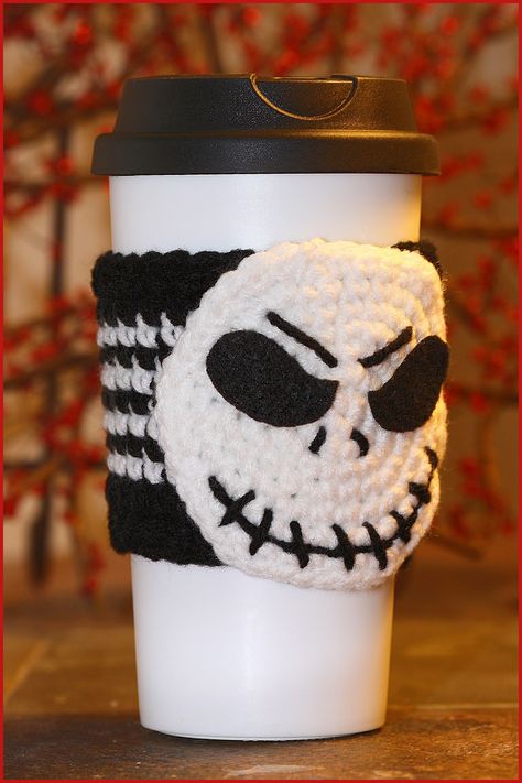 Crochet Halloween Coffee Cozies, Jack Skellington Crochet Granny Square, Halloween Cup Cozy Crochet, Halloween Cup Cozy, Crochet Jack Skellington, Cup Cozy Crochet Pattern, Cup Cozy Pattern, Crochet Water Bottle Holder, Crochet Mug Cozy