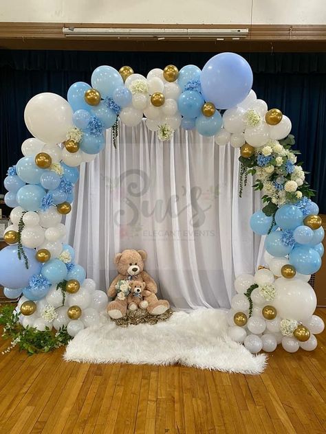 Baby Shower Ballons Decoration Diy, Diy Teddy Bear Baby Shower Decorations, Akikah Decoration, Decor Aqiqah Baby Boy, Welcome Baby Boy Decoration Ideas, Aqiqah Decoration, Blue Baby Shower Ideas, Baby Shower Ideas Decoracion, Baby Shower Decoracion