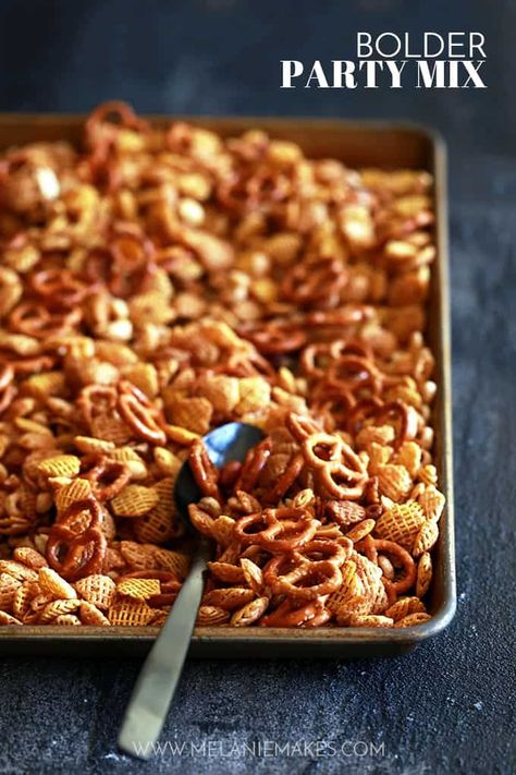 What separates my Bolder Party Mix from the rest of the snack mix recipe contenders?  Mine has more of the good stuff!  I've upped the flavor ante by more than tripling the amount of the typically called for seasonings to add just a little more oomph in the flavor department. #chexmixrecipes #snacks #appetizers #cereal #pretzels Foods In A Cup, Party Mix Recipe, Snack Mix Recipe, Bowl Party Food, Chex Mix Recipes, Easy Party Food, Snack Mix Recipes, Superbowl Party Food, Party Mix