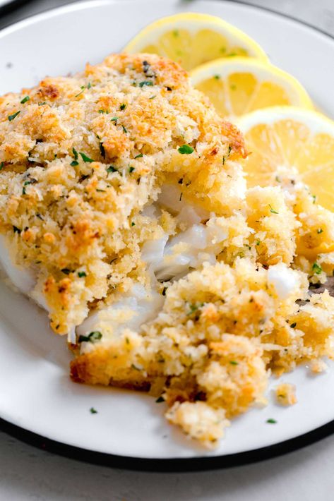 Parm Crusted Cod, Baked Cod Breadcrumbs, Pablo Crusted Cod, Parmesan Fish Baked, Creamy Cod Fish Recipes, Cod With Panko Bread Crumbs, Cod Baked Recipes, Pan Fried Cod Fish Recipes Panko, Cod Filet Recipe