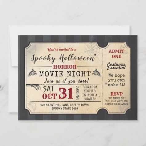 Halloween Party Horror Movie Night Film Ticket Halloween Invitations - halloween, invite, halloween invitation, halloween scare, halloween costume party, movie night, halloween movie night, horror, horror film ticket, party Halloween Invitaciones, Horror Movie Night, Halloween Invite, Halloween Movie Night, Movie Ticket, Horror Costume, Night Film, Backyard Movie Nights, Invitation Halloween