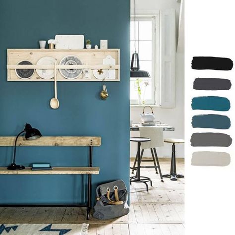 Vogliacasa.it - COLORI IN CASA: Blu petrolio e grigio, idee per... Bedroom Wall Paint, White Bedroom Furniture, Blue Rooms, Diy Interior, Bedroom Paint, White Furniture, Style At Home, Blue Walls, Room Colors