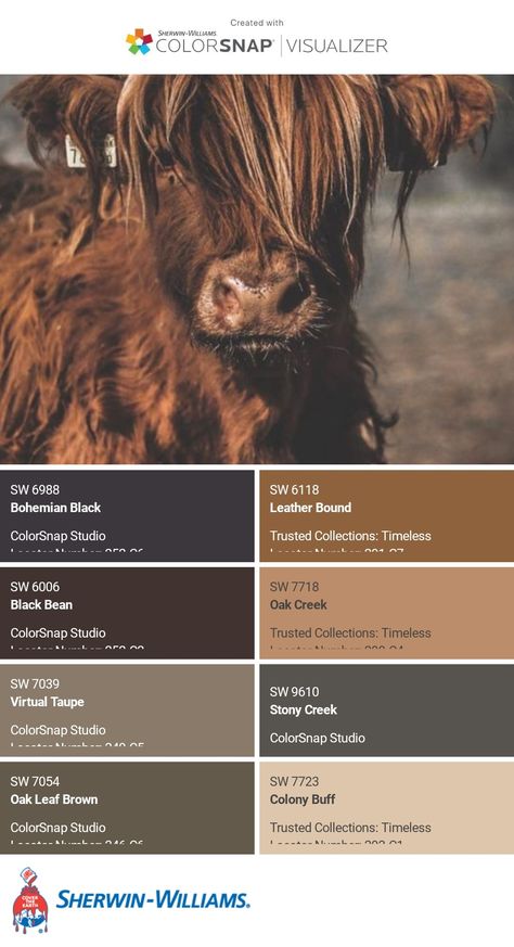 I just created this color palette with the Sherwin-Williams ColorSnap® Visualizer app on my Android phone. What do you think? You can learn more about ColorSnap Visualizer and get it on your phone free by visiting https://www.sherwin-williams.com/content/colorsnap.html. Western Style Paint Colors, Sherwin Williams Country Tweed, Rust Black Cream Color Palette, Terracotta Brown Color Palettes, Western Living Room Wall Colors, Western Paint Colors For Bedroom, Western Interior Paint Colors, Rustic Country Color Palette, Western Room Paint Colors