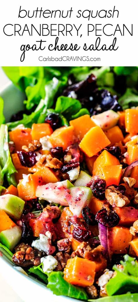 Roasted Butternut Squash Salad with Cranberries, Pecans & Goat Cheese Butternut Squash Salad Recipes, Thanksgiving Salads, Butternut Salad, Roasted Butternut Squash Salad, Sage Risotto, Caramelized Pecans, Cranberry Vinaigrette, Salad With Cranberries, Thanksgiving Salad Recipes