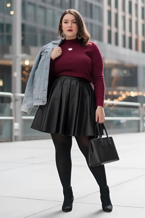 Plus Mini Skirt Outfit, Plus Size Fall Birthday Outfit, Plus Size Winter Skirt Outfit, Plus Size Winter Fashion 2024, Winter Outfits Cold Plus Size, Black Tights Outfit Plus Size, Plus Size Winter Date Night Outfits, Plus Size Outfits Work, Christmas Party Outfits Plus Size