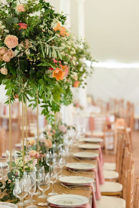 Elevated focal centerpiece for the head table at Cornman Farms for a summer tent wedding. Using Accent Decor Brentmore Stands. Poppy Flower Centerpiece, Poppies Centerpiece Wedding Tables, Poppy Centre Pieces, Wedding Farm Tables, Red Poppy Floral Arrangements, Red Floral Dinner Table Centerpieces, Elevated Centerpiece, Cornman Farms Wedding, Farm Wedding Reception