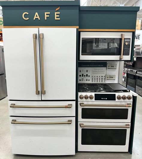 Gold Appliances, Ge Cafe Appliances, Cafe Appliances, Old Money House, White Cafe, Kitchen Ideals, White Appliances, Gold Kitchen, Home Board