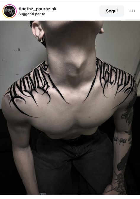 Gothic Tatoos Men, Black Ink Tattoos Men, Symmetrical Neck Tattoo, Shoulder Tattoo Man, Gothic Tattoos Men, Front Shoulder Tattoo Men, Black Shoulder Tattoo, Trapezius Tattoo, Metal Font Tattoo