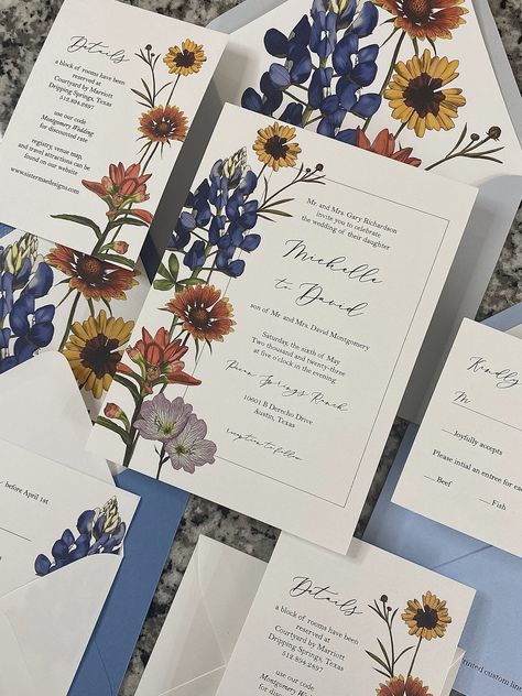 Texas Wildflower Wedding, Wildflower Wedding Theme Invites, Wedding Invites Wildflower, Wildflower Wedding Invitation Suite, Wildflower Envelope Liner, Wildflower Wedding Invitations, Indian Blankets, Indian Paintbrush, Hand Drawn Wedding