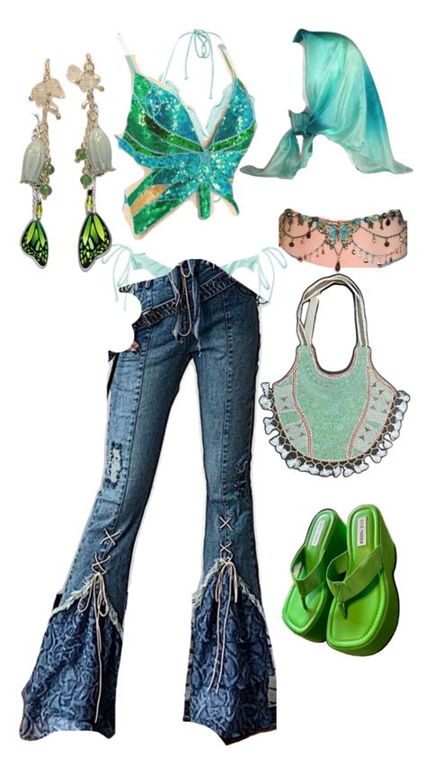 The purse and stacked earrings are everything Butterfly Top Outfit, 2000s Fashion Inspiration, Butterfly Outfit, Tropical Outfits, Stacked Earrings, Butterfly Top, Swag Outfits For Girls, Future Outfit, Top Outfit