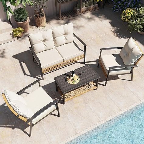 Amazon.com: LAUSAINT HOME 4-Piece Patio Conversation Set, Comfortable Oversized Outdoor Furniture Set with Soft Cushion and Storage Metal Coffee Table for Backyard, Porch, Garden and Poolside, Beige : Patio, Lawn & Garden Patio Sofa Set, Oversized Furniture, Outdoor Patio Chairs, Patio Makeover, Metal Coffee Table, Seat Design, Patio Sofa, Small Backyard Landscaping, Backyard Makeover