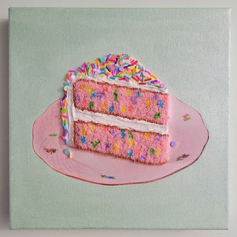 Paint Polymer Clay, Embroidered Cake, Cake Painting, Polymer Clay Sprinkles, Clay Sprinkles, Morgantown Wv, Mixed Media On Canvas, Pink Cake, Embroidery Art