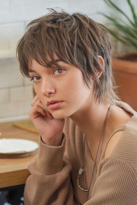 Young person with short, textured hair, gazing thoughtfully while resting their chin on their hand. Shagged Bob Haircut, Straight Pixie Mullet, Pixie With Long Top, Pixie Shaggy Haircut, Pixie Shag Mullet, Short Pixie Shag Haircut, Short Shag For Fine Hair, Women Shag Haircuts, Pixie Shag Hairstyles