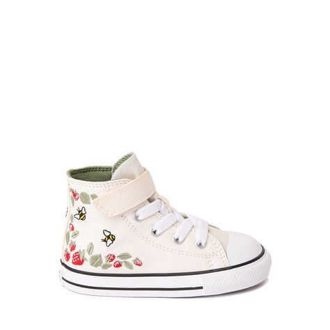 Converse Chuck Taylor All Star 1V Hi Berries And Bees Sneaker - Baby / Toddler - Natural All Star Bebe, Baby Blue Shoes, Toddler Converse, Shoe Size Chart Kids, Baby Converse, Strawberry Baby, Girls Converse, Baby Sneakers