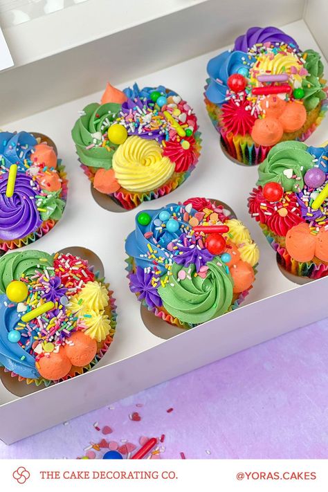 Colourful Birthday Cupcakes, Colourful Theme Party Decoration, Rainbow Colored Cupcakes, Colorful Birthday Cupcakes, Pride Month Cupcakes, Bright Colored Cupcakes, Rainbow Cake And Cupcakes, Multi Colored Cupcakes, Bright Cupcakes Ideas