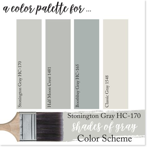 These Benjamin Moore Paint Colors create the most stunning gray color scheme perfect for any home! This color palette features, Stongington Gray, Half Moon Crest, Boothbay Gray & Classic Gray. For more color schemes using Benjamin Moore Paint Colors, check out our BLOG! Blue Benjamin Moore Paint Colors, Stonington Gray Benjamin Moore, Perfect Neutral Paint Color, Relaxing Color Schemes, Stonington Gray, Light Paint Colors, Best Neutral Paint Colors, Bold Paint Colors, Benjamin Moore Gray