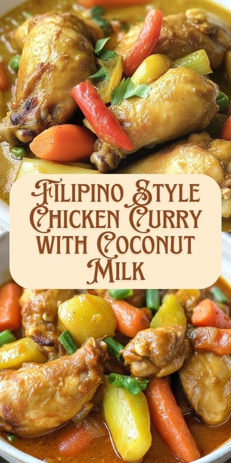 Try this Filipino chicken curry with coconut milk! 🍛 Tender chicken in a rich, creamy curry sauce—this recipe brings authentic Filipino flavors to your kitchen. Serve with rice for a comforting, easy dinner that the whole family will love! #FilipinoCuisine #ChickenCurry #CoconutMilk #FilipinoRecipes #CurryRecipe #ComfortFood #AsianCuisine 🍚 Dinners With Coconut Milk, Instant Pot Curry Chicken Coconut Milk, Coconut Milk And Chicken Recipes, Coconut Milk Chicken Recipes, Chicken Curry Filipino Style, Filipino Chicken Recipes, Filipino Chicken Curry, Chicken Recipes Filipino, Chicken Curry With Coconut Milk