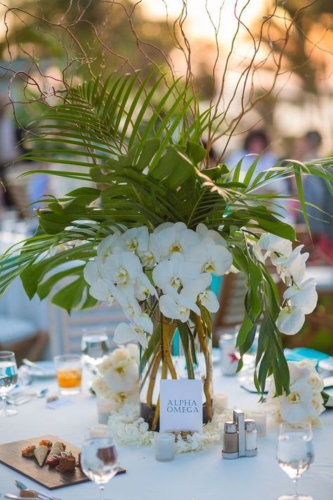 Tropical Wedding Centerpiece with Palm Leaves / http://www.himisspuff.com/green-tropical-leaves-wedding-ideas/9/ Tropical Wedding Centerpieces, Greenery Wedding Centerpieces, Themed Wedding Decorations, Hawaiian Wedding, White Orchids, Wedding Table Centerpieces, Hawaii Wedding, Christmas Tree Themes, Tropical Wedding