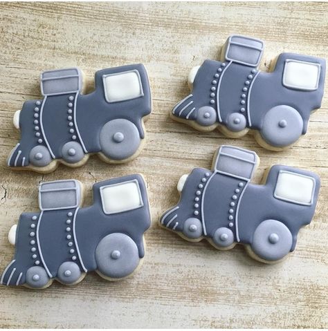 Chugga Chugga Two Two 2nd Birthday Cookies, Train Cookies Decorated, Train Sugar Cookies, Train Baby Shower Theme, Choo Choo Train Birthday Party, Car Decoration Ideas, Train Baby Shower, Train Theme Birthday Party, Christmas Car Decorations