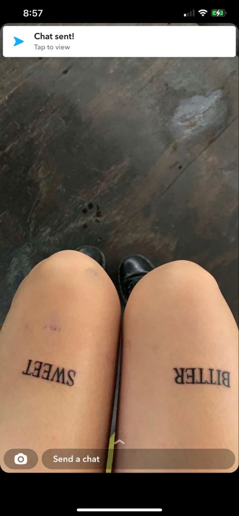 Above Knee Text Tattoo, Leg Tattoo Writing, Word Tattoos Above Knee, Goth Font Tattoo, Gothic Text Tattoo, Knee Word Tattoo, Above Knee Tattoo Words, Above The Knee Tattoo Quote, Top Of Knee Tattoo