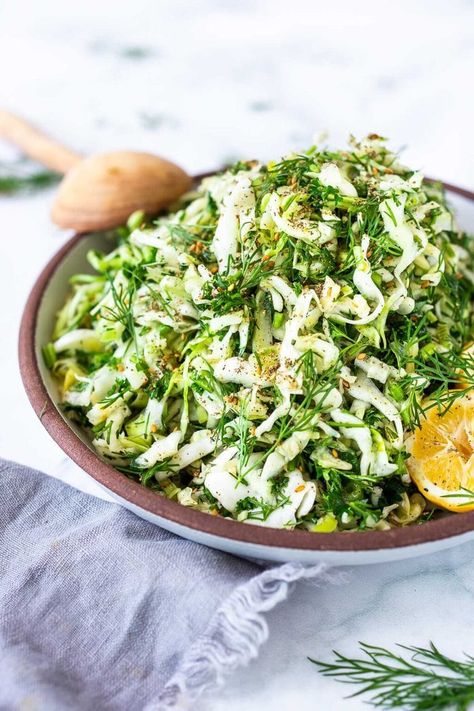 Simple Lebanese Slaw (aka Salatet Malfouf) made with crunchy cabbage, fresh herbs, lemon, garlic and scallions. A delicious vegan side to serve with your Middle Eastern feast. #slaw Middle Eastern Vegetable Sides, Middle Eastern Feast, Lebanese Sides, Middle Eastern Vegetables, Lebanese Side Dishes, Lebanese Coleslaw, Lebanese Slaw, Cabbage Recipe Salad, Middle Eastern Cabbage