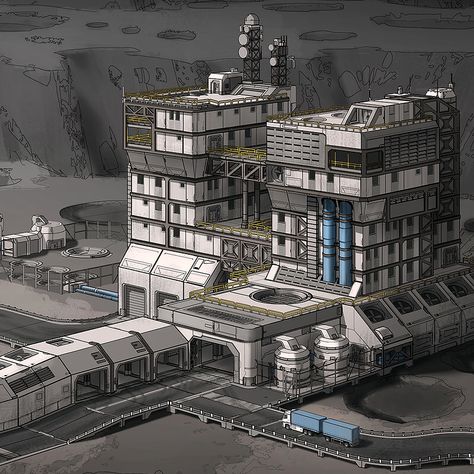 Futuristic Factory Building, Futuristic Factory Concept Art, Futuristic Industrial Architecture, Sci Fi Factory Concept Art, Space Engineers Base Design, Scifi Factory, Sci Fi Factory, Futuristic Factory, Scifi Architecture