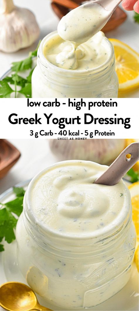 This Greek Yogurt Dressing is a creamy, high-protein salad dressing perfect to add creaminess and rich texture to any lettuce or salad. It's a healthier salad dressing too, with less calories, fat and packed with calcium and filling proteins. Greek Yogurt Dressing Recipes, Greek Yogurt Salad Dressing, Low Calorie Salad Dressing, Low Fat Salads, Yogurt Ranch Dressing, Low Calorie Salad, High Protein Salads, Greek Yogurt Dressing, Yoghurt Dressing