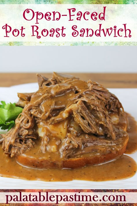 Open Faced Pot Roast Sandwich  cooks up the beef quickly and includes a gravy recipe to pour over your meat and potatoes on a bread base. Open Beef Sandwich, Open Face Beef And Gravy, Roast Beef Gravy Sandwich, Open Face Roast Beef Crockpot, Open Face Beef Sandwich, Open Faced Roast Beef Sandwich Crockpot, Open Roast Beef Sandwich, Open Face Roast Beef Sandwich, Roast Beef Leftovers Ideas Easy Recipes