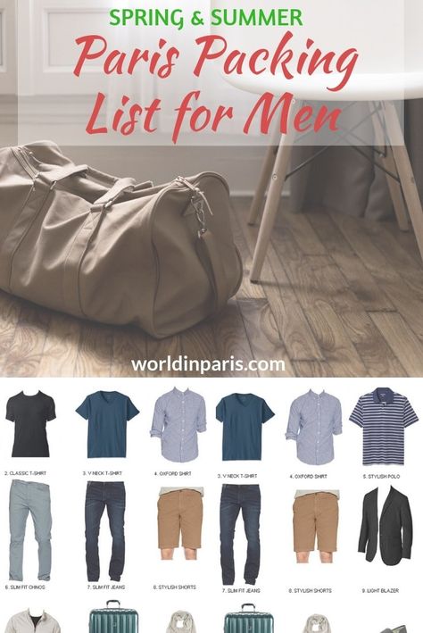 Men’s Parisian Style, Packing List For Paris, Packing List For Men, Travel Essentials For Men, Paris Spring Outfit, Paris Summer Outfits, Paris In April, Paris Packing List, Clothing Capsule