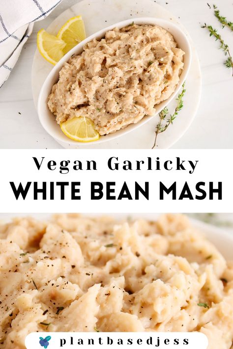 View on a small bowl with a white bean mash. White Bean Vegan Recipes, White Bean Mash, Vegan White Bean Sauce, Northern White Beans Recipes Vegan, Vegan White Bean Pasta Sauce, Vegan Mash Potatoes, White Bean Recipes, Mash Recipe, Lunch Inspiration