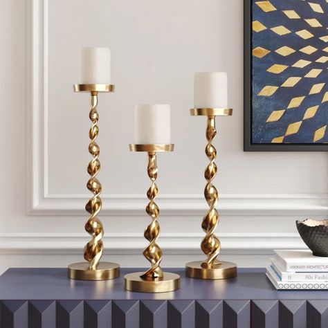 Aluminum Tabletop Candlestick Set Gold Candle Holder, Tropical Luxury, Gold Living, Candle Stands, Iron Wall Sconces, Gold Candle Sticks, Gold Candle, Kelly Clarkson Home, Gold Living Room