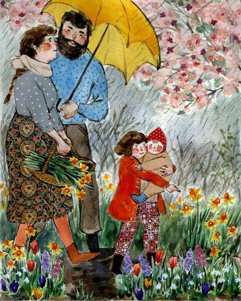 pheobeWahl_3Spring Phoebe Wahl, Under An Umbrella, Spring Prints, Beltane, Naive Art, Childrens Illustrations, Children's Book Illustration, الرسومات اللطيفة, In The Rain