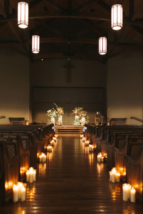 #wedding #flowers #florals #weddingflowers #whimsical #weddingday #weddingdress #weddingchapel Funeral Ceremony Decorations, Indoor Wedding Aisle Decor, Simple Wedding Altar Ideas, Candlelit Concert, Simple Wedding Church Decorations, Church Wedding Decorations Elegant, Church Aisle Candles, Small Church Wedding Decorations, Christmas Church Wedding