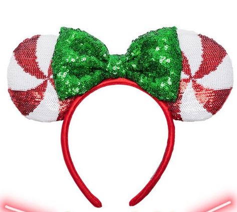 Disney Christmas Ears Diy, Christmas Disney Ears, Grinch Headband Disney, Holiday Minnie Ears, Disney World Headbands, Candy Cane Cutie, Minnie Y Mickey Mouse, Minnie Mouse Headband, Christmas Lollipops