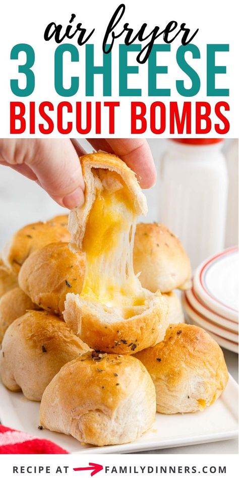 Learn how to make a 3 cheese bomb with refrigerator biscuit dough in the air fryer. These easy air fryer appetizers are perfect for cheese lovers. They're like cheesy bread but better. They cook quickly and perfectly in the air fryer. Air fried 3 cheese bombs are great as game day snacks, Super Bowl recipes, or for any occasion. If you love mozzarella cheese sticks, fried cheese, cheese bombs, cheddar cheese bombs, air fryer biscuit bombs you'll love these. Easy Cheese Sticks Air Fryer, Stuffed Biscuits Air Fryer, Air Fryer Cheese Biscuits, Canned Buiscits In Air Fryer, Air Fryer Canned Biscuit Recipes, Air Fryer Recipes With Biscuit Dough, Pilsbury Biscuit Air Fryer, Air Fryer Cheese Balls, Air Fryer Biscuit Sandwich