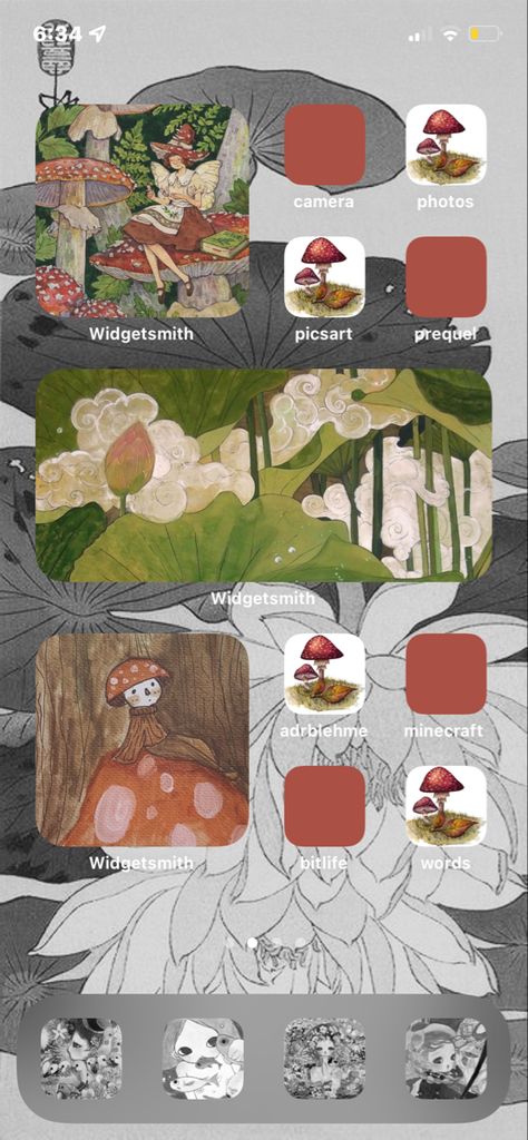 Mushroom Phone Theme, Mushroom Homescreen, Mushroom Widget, Fairy Phone Layout, Background And Widget Ideas, Mushroom Lockscreen, Mushroom Background, Fairy Paintings, Mushroom Fairy